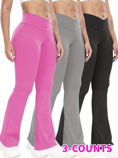 Stretchy 3-Pack High-Waisted Yoga Pants - Cross Waistband Flare Leg Sports Tights with Tummy Control and Butt Lifting