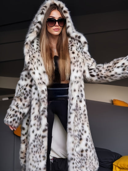 Plus Size Hooded Faux Fur Coat, Elegant Open Front Long Sleeve Warm Outerwear For Fall & Winter, Women's Plus Size Clothing