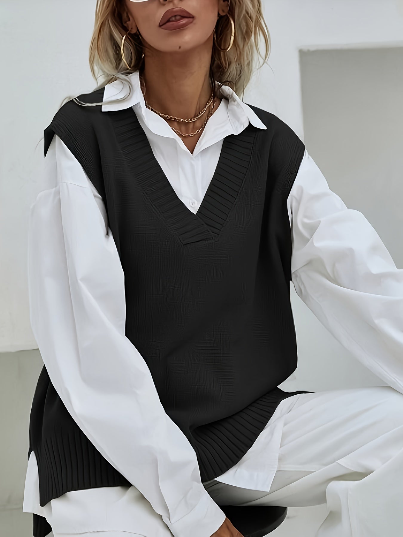 2023 Women's Casual Loose V-Neck Sweater Vest - Medium Stretch Solid Color, No Blouse Needed,