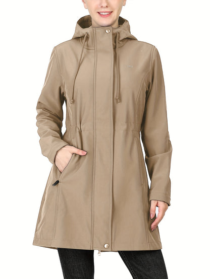 Women'S 33,000ft Windproof Softshell Long Jacket with Hood - Fleece Lined, Zippered Front,
