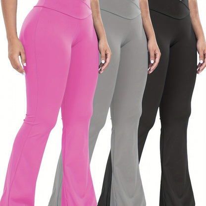 Stretchy 3-Pack High-Waisted Yoga Pants - Cross Waistband Flare Leg Sports Tights with Tummy Control and Butt Lifting