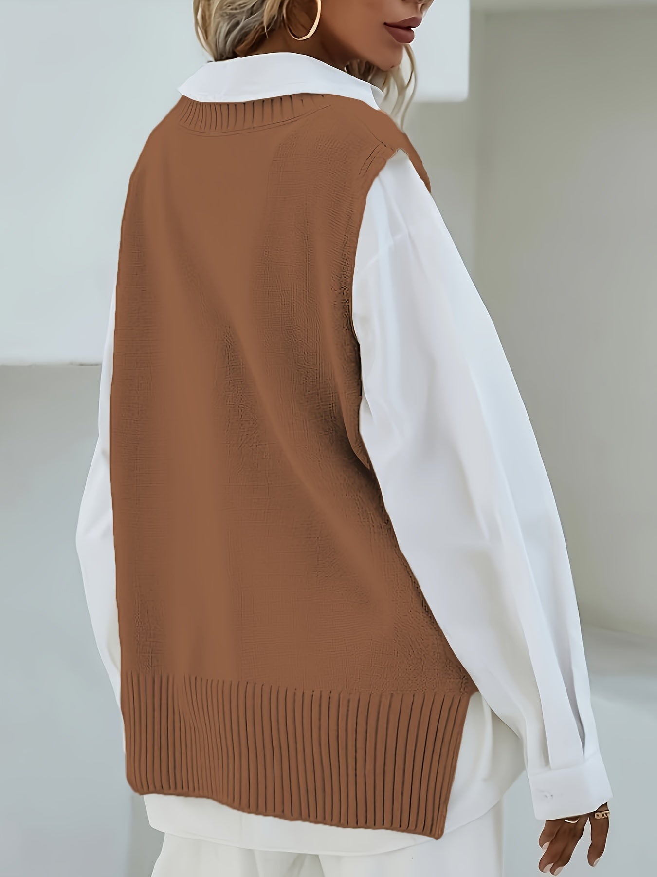2023 Women's Casual Loose V-Neck Sweater Vest - Medium Stretch Solid Color, No Blouse Needed,