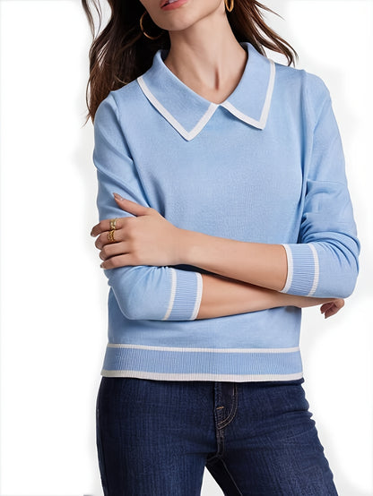 Women's Contrast Trim Casual Sweater - Light Blue & White Contrast Collar & Sleeve Trim, High Elasticity Sleeve Pullover,