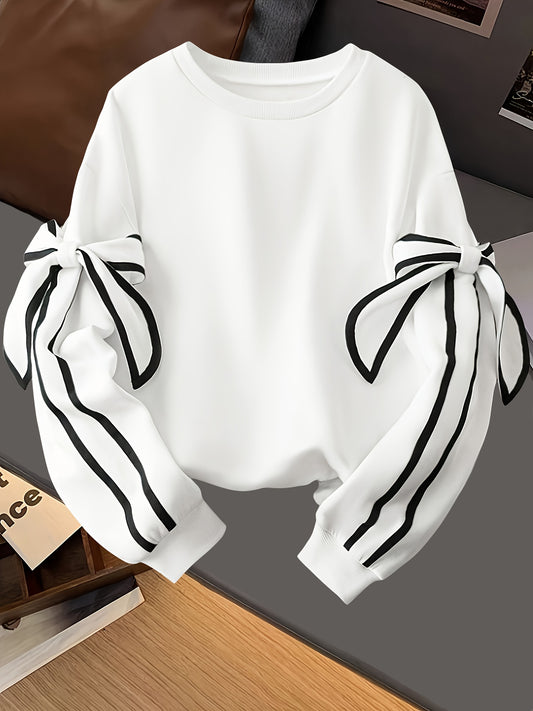 Women's Autumn Winter Casual Chic Sweatshirt - White Long Sleeve Ruffled Sleeve Accents, Machine Washable Warm Pullover for Everyday Outfits,