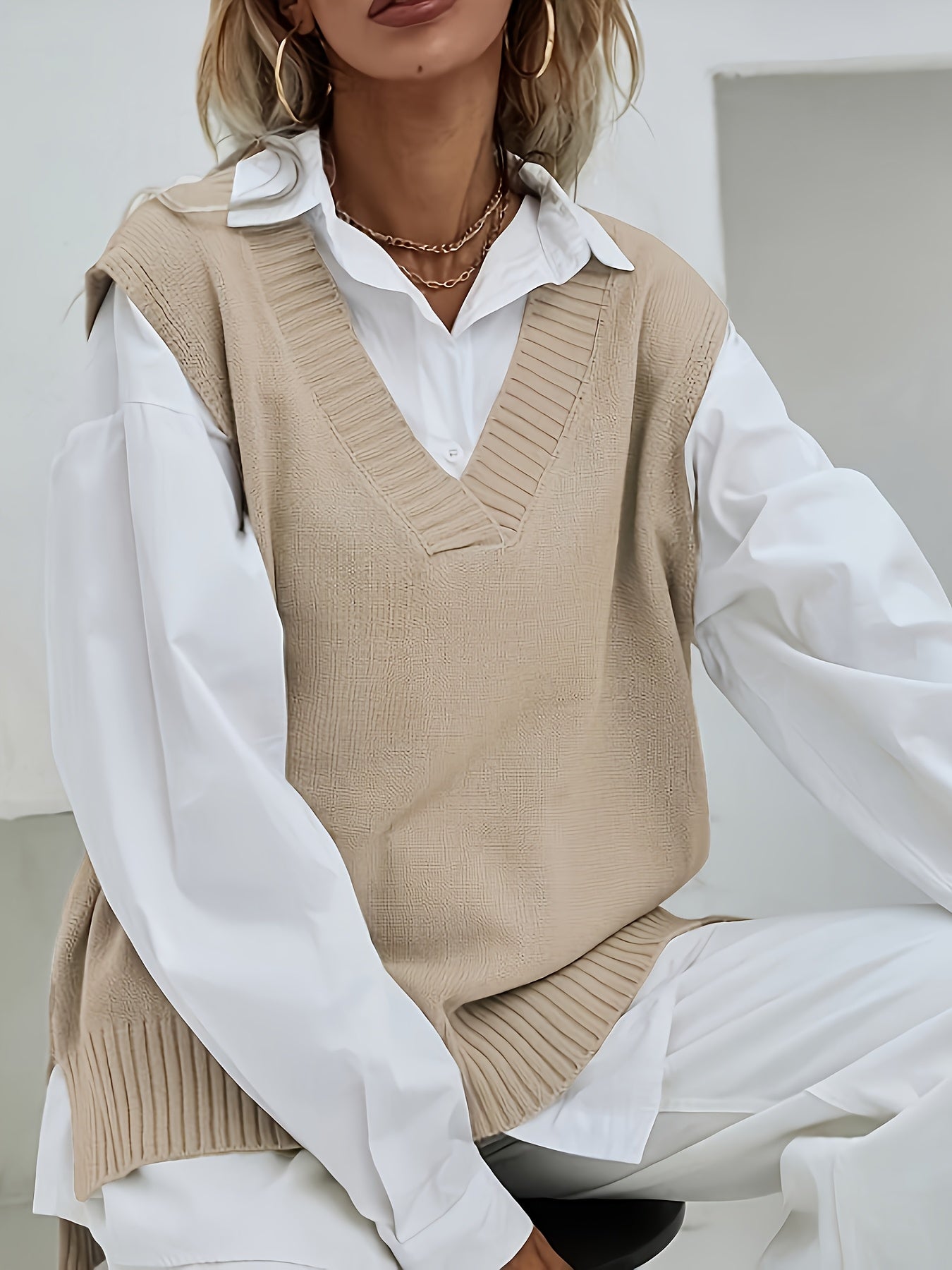 2023 Women's Casual Loose V-Neck Sweater Vest - Medium Stretch Solid Color, No Blouse Needed,