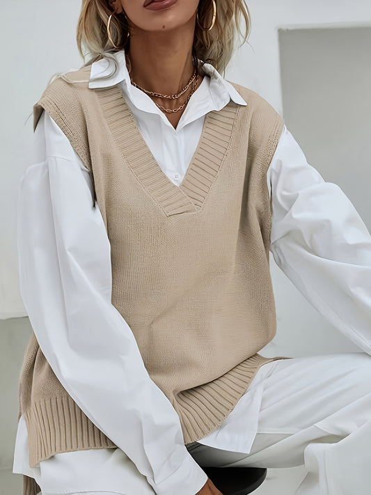 2023 Women's Casual Loose V-Neck Sweater Vest - Medium Stretch Solid Color, No Blouse Needed,