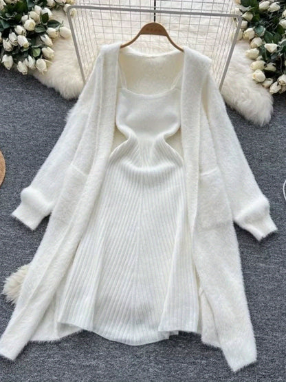 Autumn And Winter Soft Lazy Style All-Match Loose Mid-Length Sweater Jacket Two-Piece Set V-Neck Vest Hip Dress Two-Piece Set