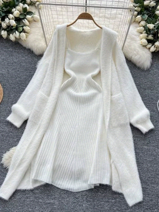 Autumn And Winter Soft Lazy Style All-Match Loose Mid-Length Sweater Jacket Two-Piece Set V-Neck Vest Hip Dress Two-Piece Set