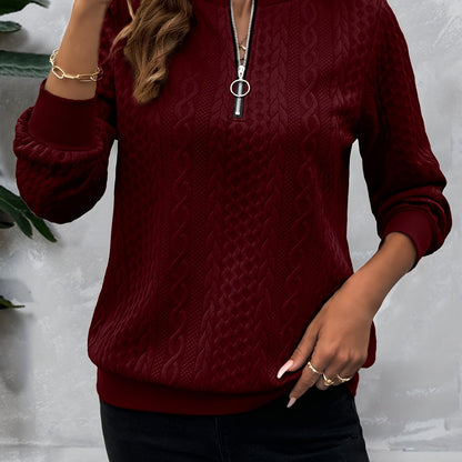 Casual Sweatshirt Casual Textured Half Zipper Pullover Sweatshirt | Women's Long Sleeve Sweatshirt For Fall & Spring