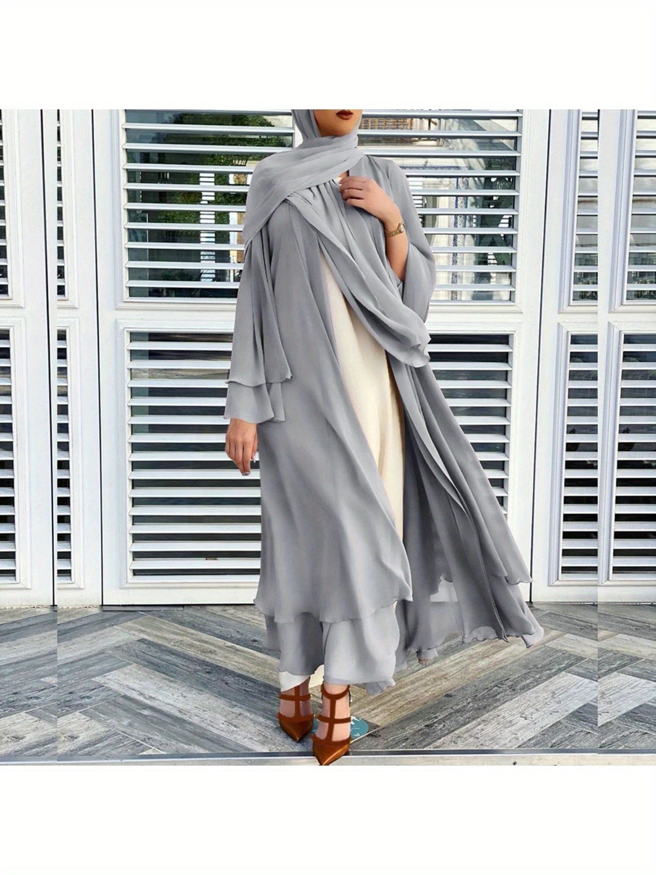 Women'S Elegant Muslim Caedigan Belt Outwear Shirt - Soft Chiffon Long Layered Cardigan with Open Front,