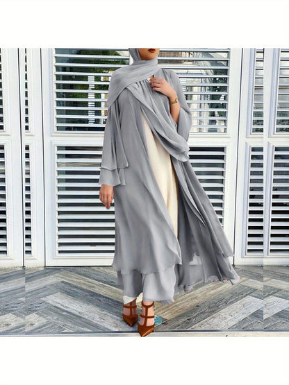 Women'S Elegant Muslim Caedigan Belt Outwear Shirt - Soft Chiffon Long Layered Cardigan with Open Front,