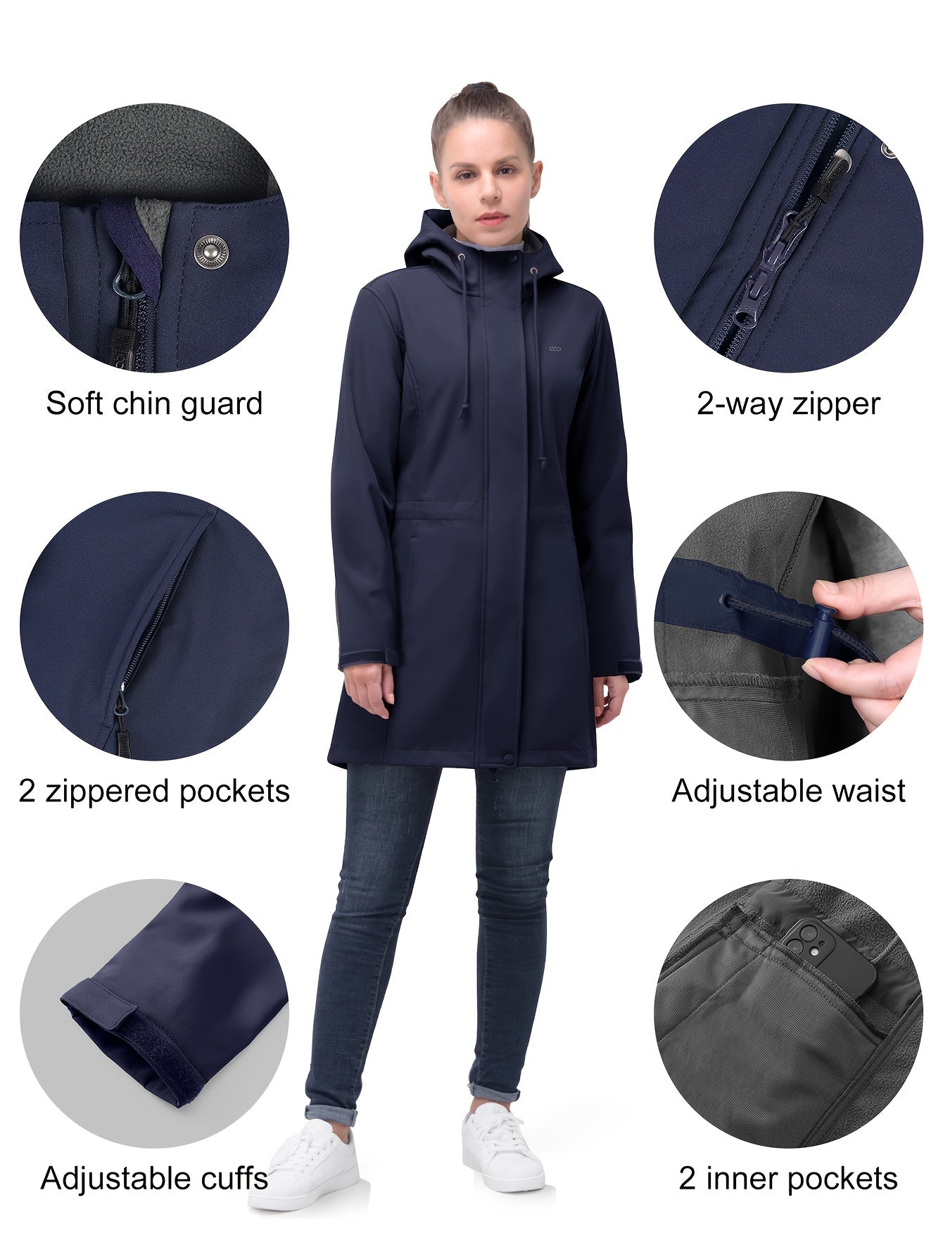 Women'S 33,000ft Windproof Softshell Long Jacket with Hood - Fleece Lined, Zippered Front,