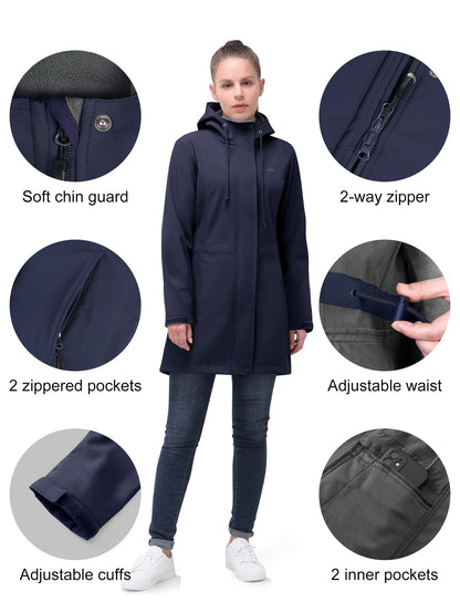 Women'S 33,000ft Windproof Softshell Long Jacket with Hood - Fleece Lined, Zippered Front,