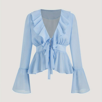 Women's Light Blue Blouse - Non-Stretchy Elegant office & party Tops, Floral event Dresses, Spring\u002FFall Chic Outfits