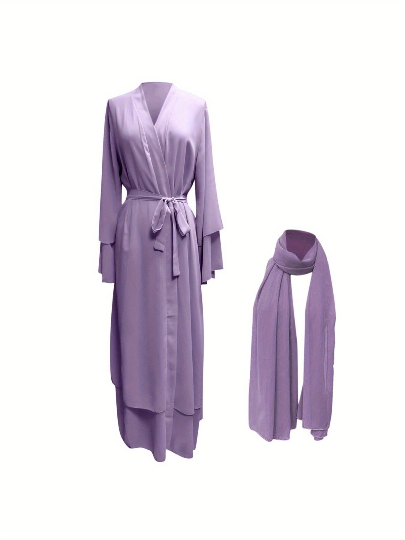 Women'S Elegant Muslim Caedigan Belt Outwear Shirt - Soft Chiffon Long Layered Cardigan with Open Front,