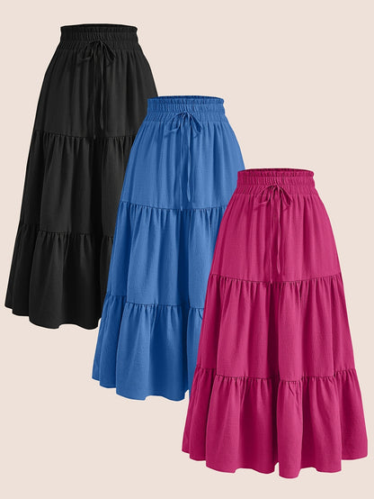 2025 3pcs Women'S Plus Size Pleated Skirts - Comfortable Loose Fit, Solid Color, Mid-Length with Ruffle Detail, Perfect for Spring\u002FSummer,