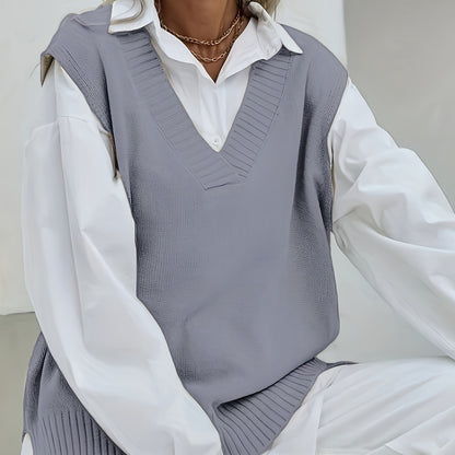 2023 Women's Casual Loose V-Neck Sweater Vest - Medium Stretch Solid Color, No Blouse Needed,