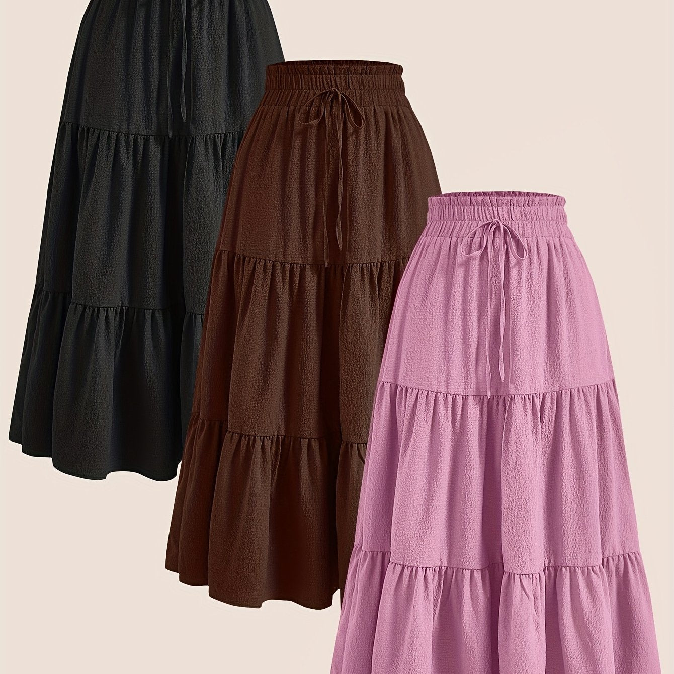 2025 3pcs Women'S Plus Size Pleated Skirts - Comfortable Loose Fit, Solid Color, Mid-Length with Ruffle Detail, Perfect for Spring\u002FSummer,