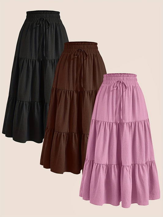 2025 3pcs Women'S Plus Size Pleated Skirts - Comfortable Loose Fit, Solid Color, Mid-Length with Ruffle Detail, Perfect for Spring\u002FSummer,