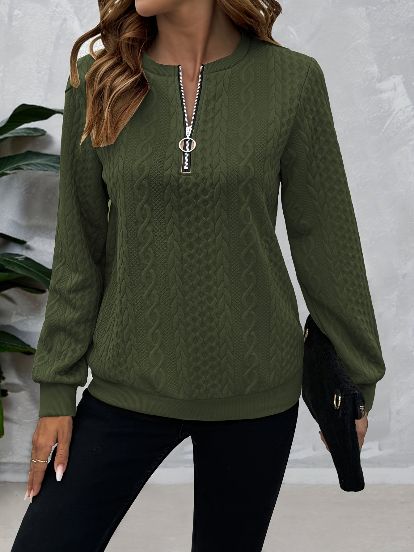 Casual Sweatshirt Casual Textured Half Zipper Pullover Sweatshirt | Women's Long Sleeve Sweatshirt For Fall & Spring