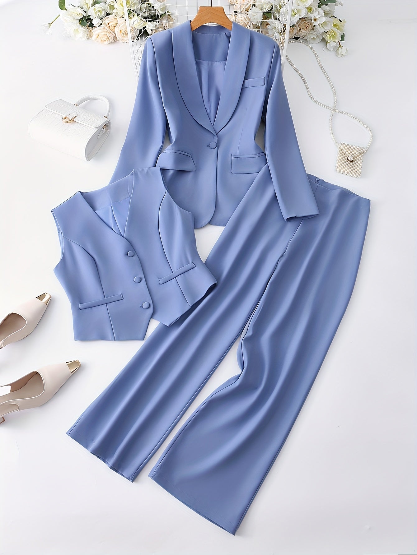 Solid Color Wealth-Attracting Fashion Urban Elegant Three-Piece Set: Lapel Pocket Suit Jacket and V-Neck Single-Breasted Vest with Casual Long Pants