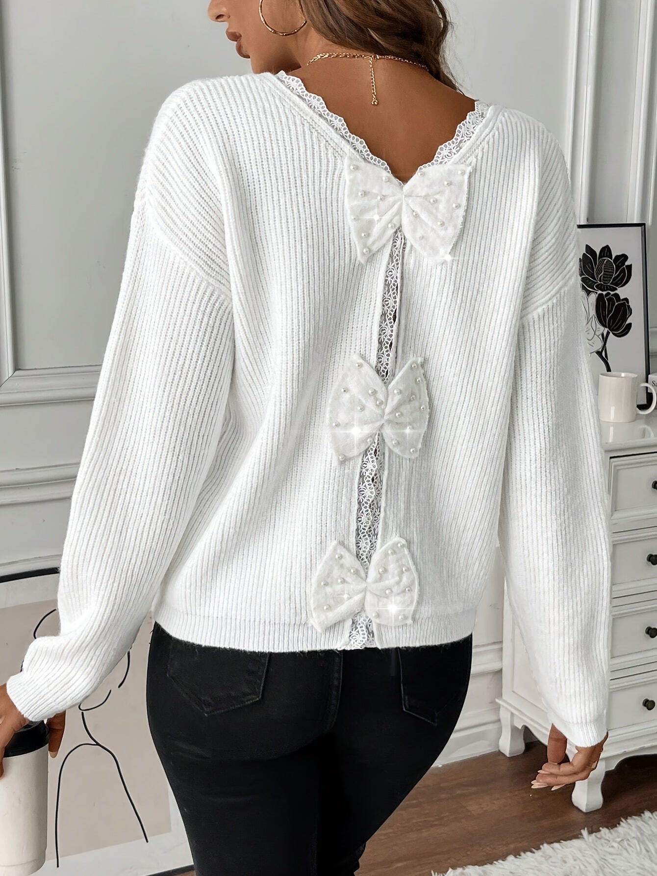 Elegant V-Neck Acrylic Pullover Sweater for Women, Long Sleeve Solid Color Knit Fabric Top with Back Bow Detail, All-Season Lace Bow Accent Sweater
