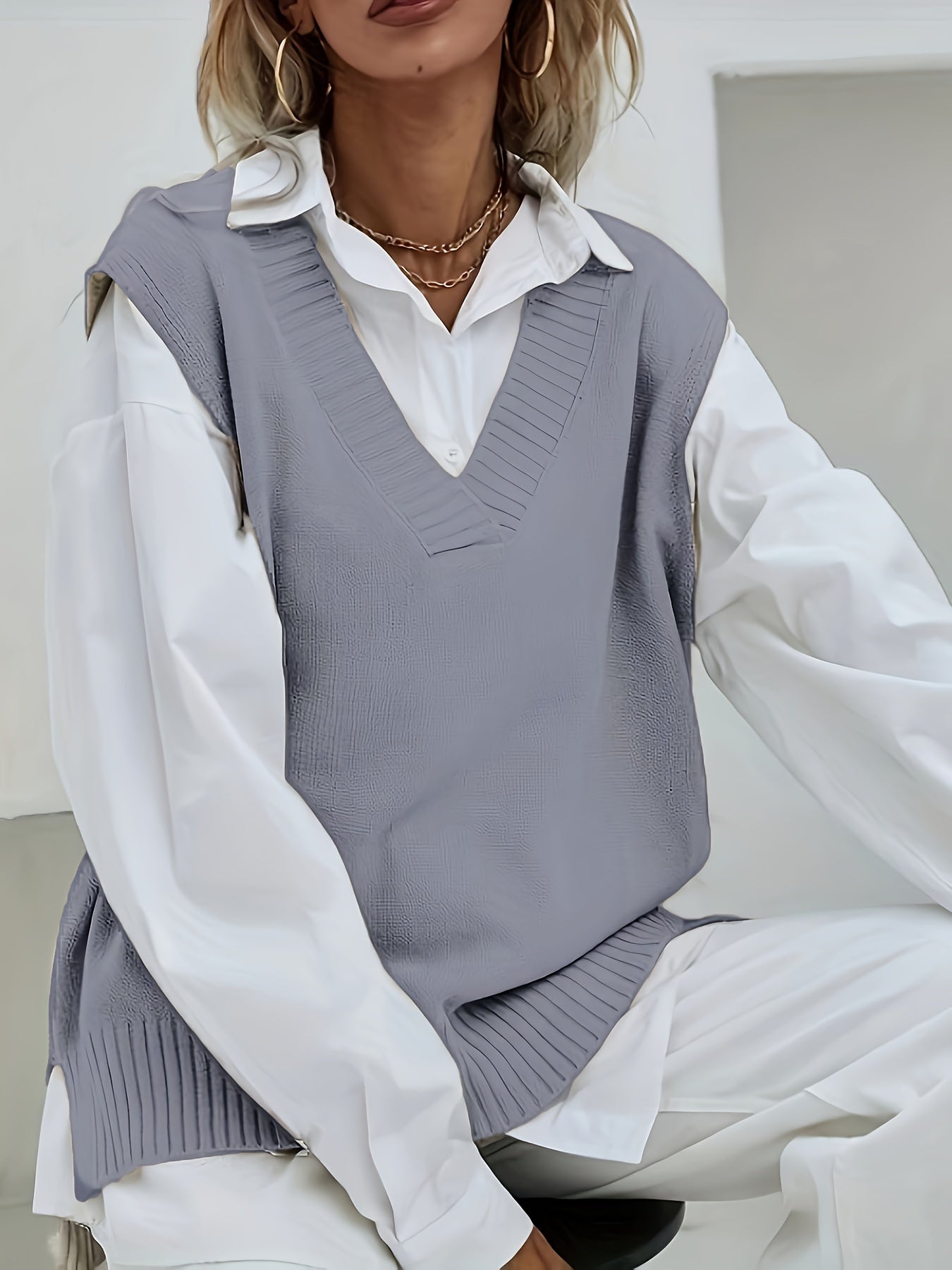 2023 Women's Casual Loose V-Neck Sweater Vest - Medium Stretch Solid Color, No Blouse Needed,