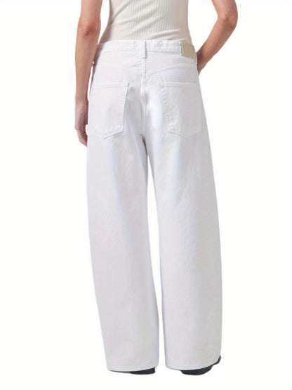 Women's Casual Wide-Leg Denim Jeans with Drawstring Waist and Pockets - Solid Color, Cotton Blend, Machine Washable