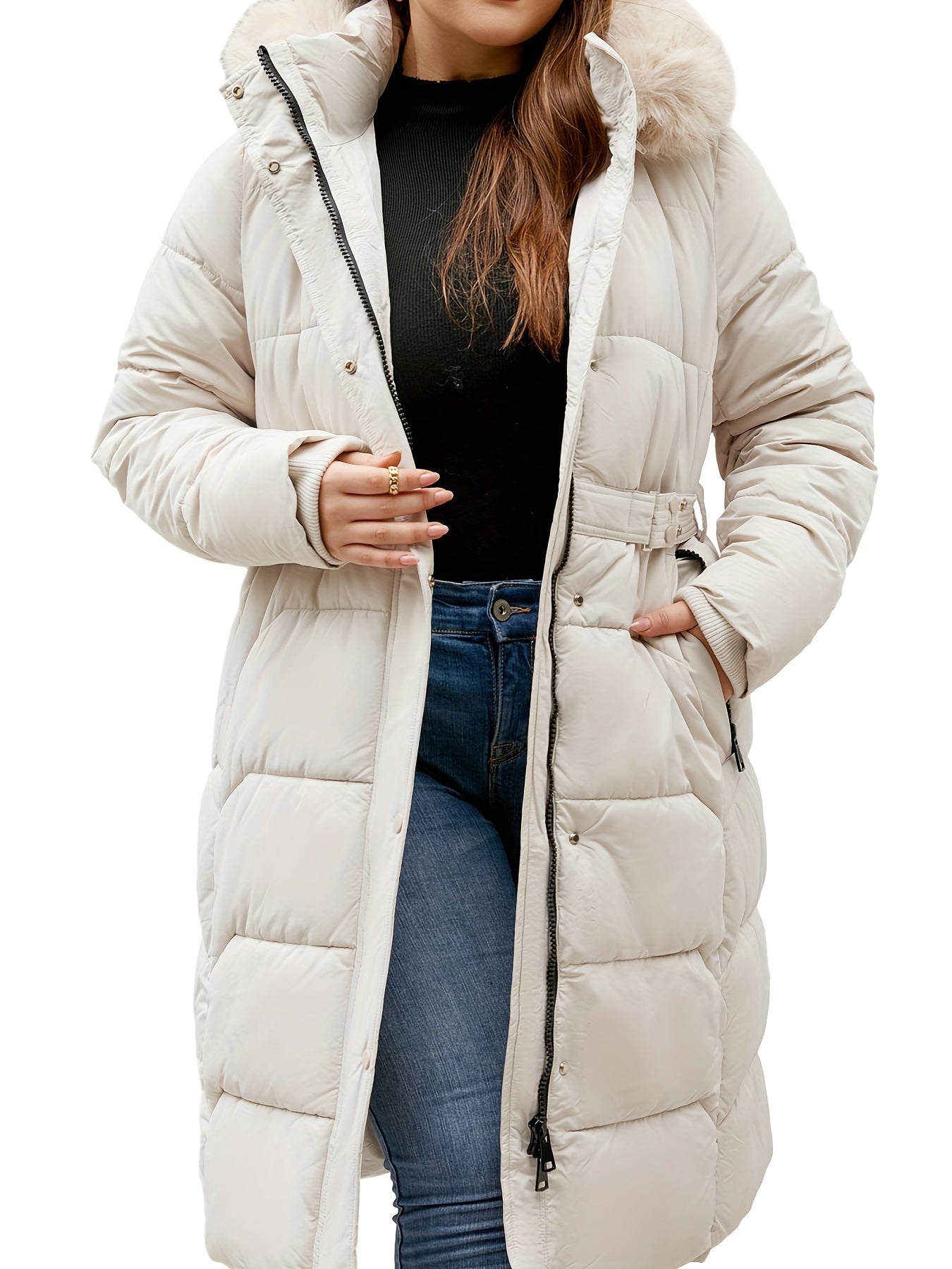 Elegant Winter Coat Elegant Women's Plus Size Winter Coat | Hooded Mid-Length Trench Coat with Belted Waist & Side Pockets, 100% Polyester, Black, Hand Wash Only for Autumn Winter Casual & Formal Outfits