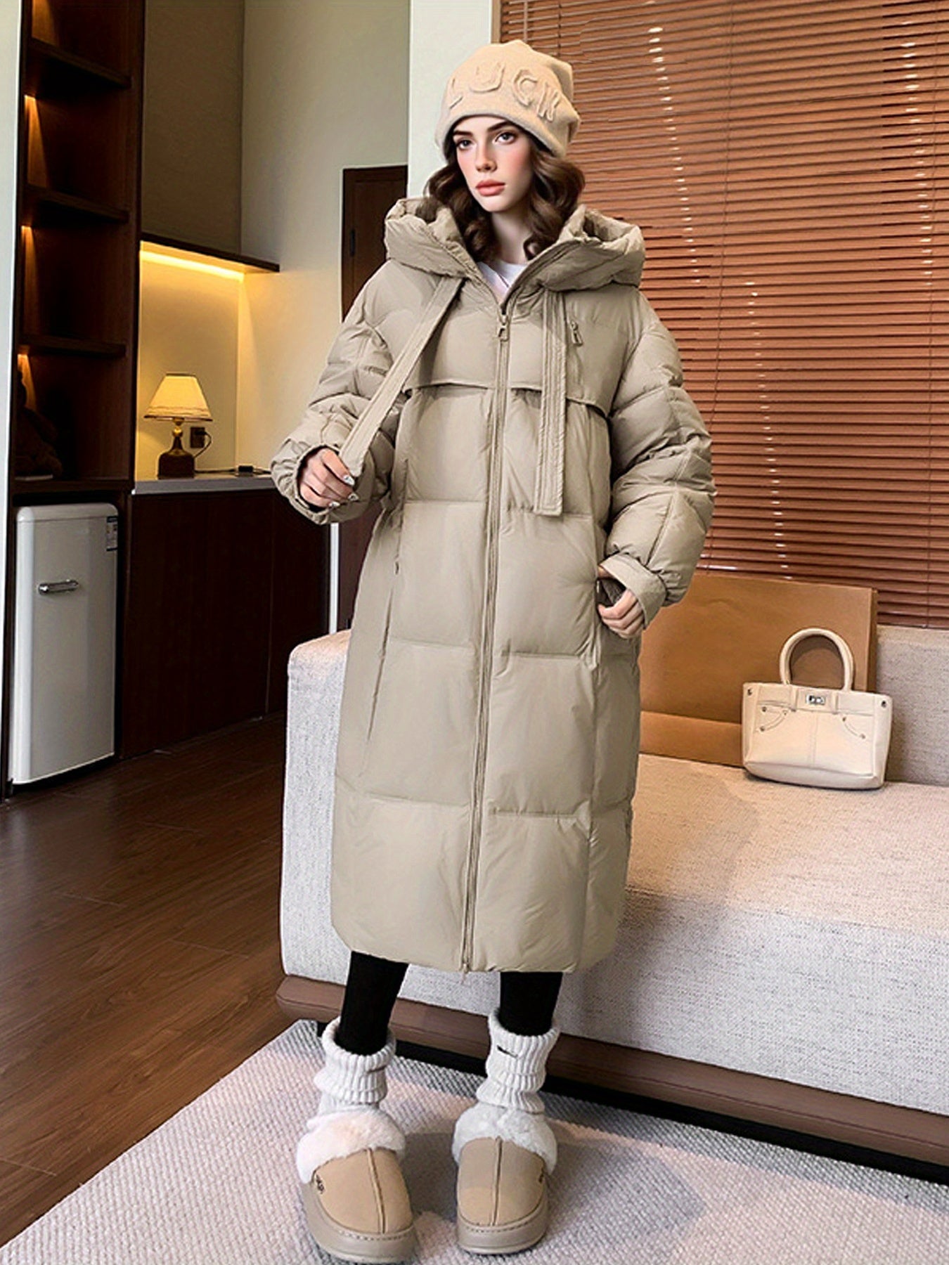 Women'S Winter Thickened Padded Coat - Long Over-the-Knee Length, Loose Fit Mid-Length Jacket with Pockets, Warm Casual Outerwear for Cold Weather, Beige Solid Color, Cozy Warmth & Easy Care (No Belt Required)