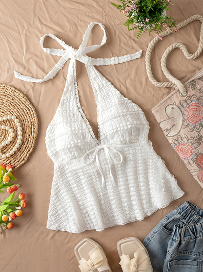 Women's Sleeveless Halter Neck Backless Top with Lace-Like Ruffle Detail & Bow Accent - Medium Stretch Casual Shirt
