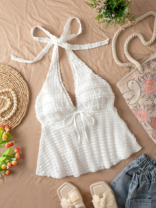 Women's Sleeveless Halter Neck Backless Top with Lace-Like Ruffle Detail & Bow Accent - Medium Stretch Casual Shirt