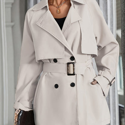 Women's Elegant Double-Breasted Trench Coat with Raglan Sleeves & Belted Waist - Premium Machine-Washable Fabric, Multiple Pockets,