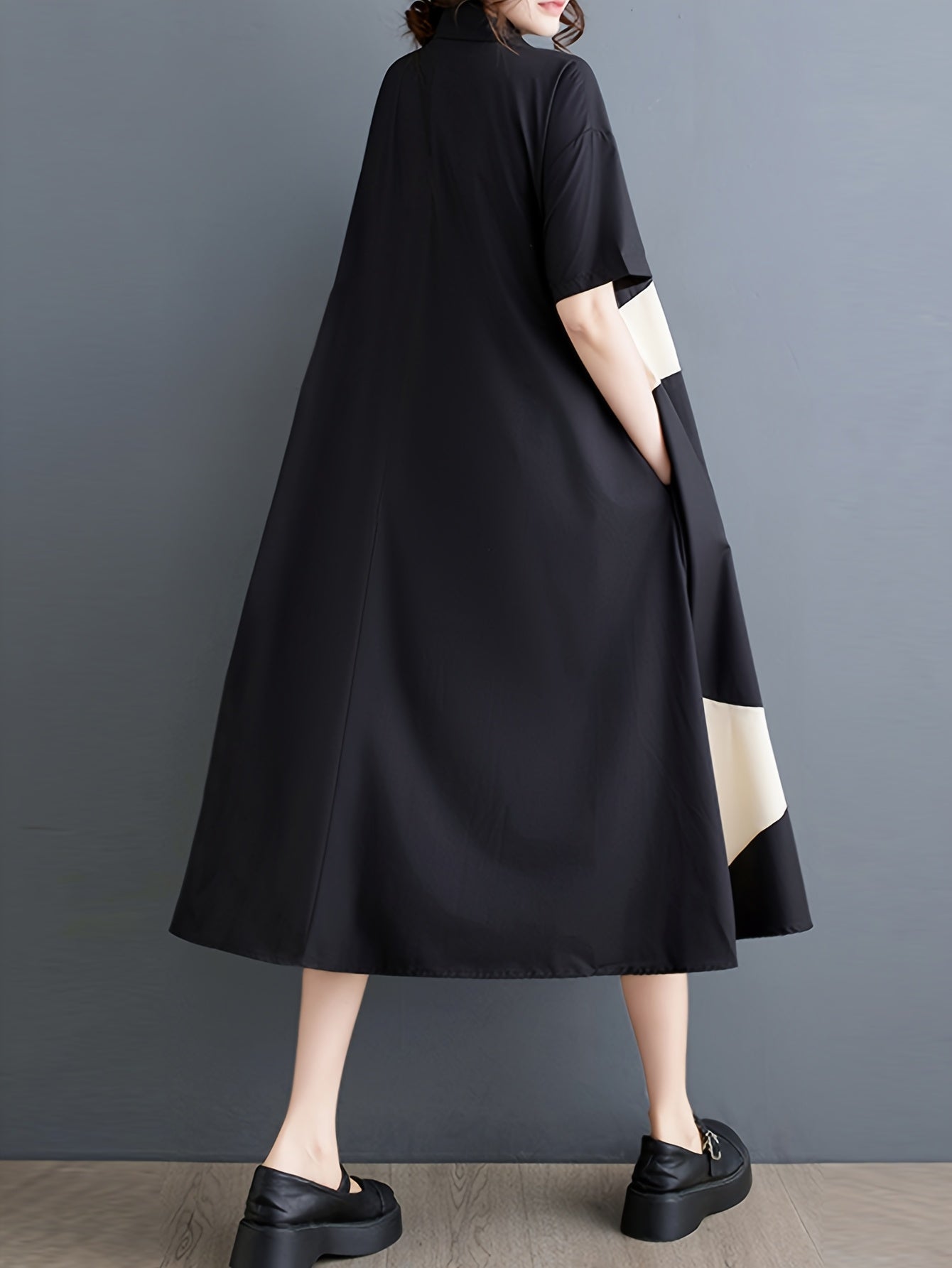 Japanese-Inspired Casual Chic Geometric Print A-Line Dress - Black & White Contrast, Relaxed Fit Long Sleeve, Button Detail,