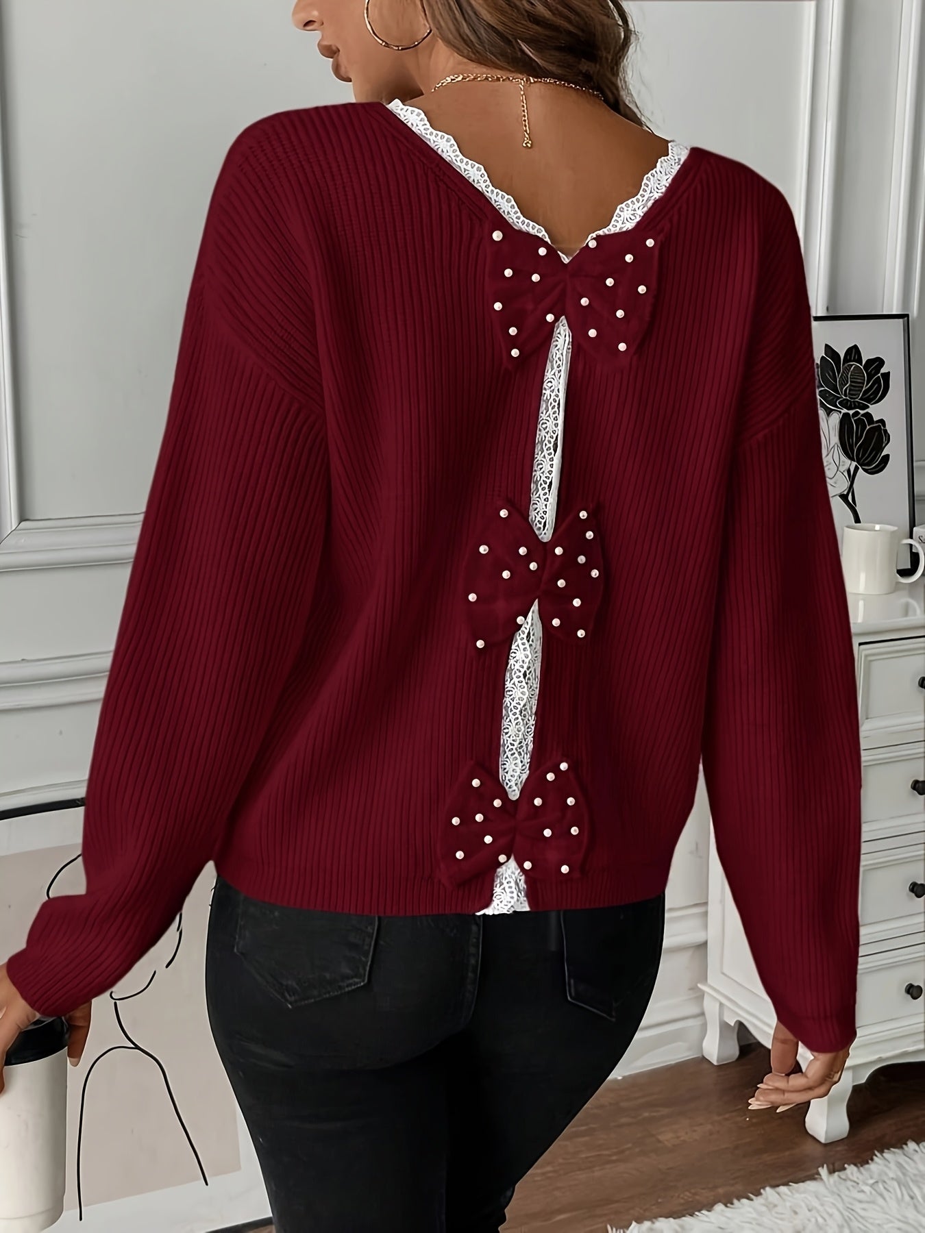 Elegant V-Neck Acrylic Pullover Sweater for Women, Long Sleeve Solid Color Knit Fabric Top with Back Bow Detail, All-Season Lace Bow Accent Sweater