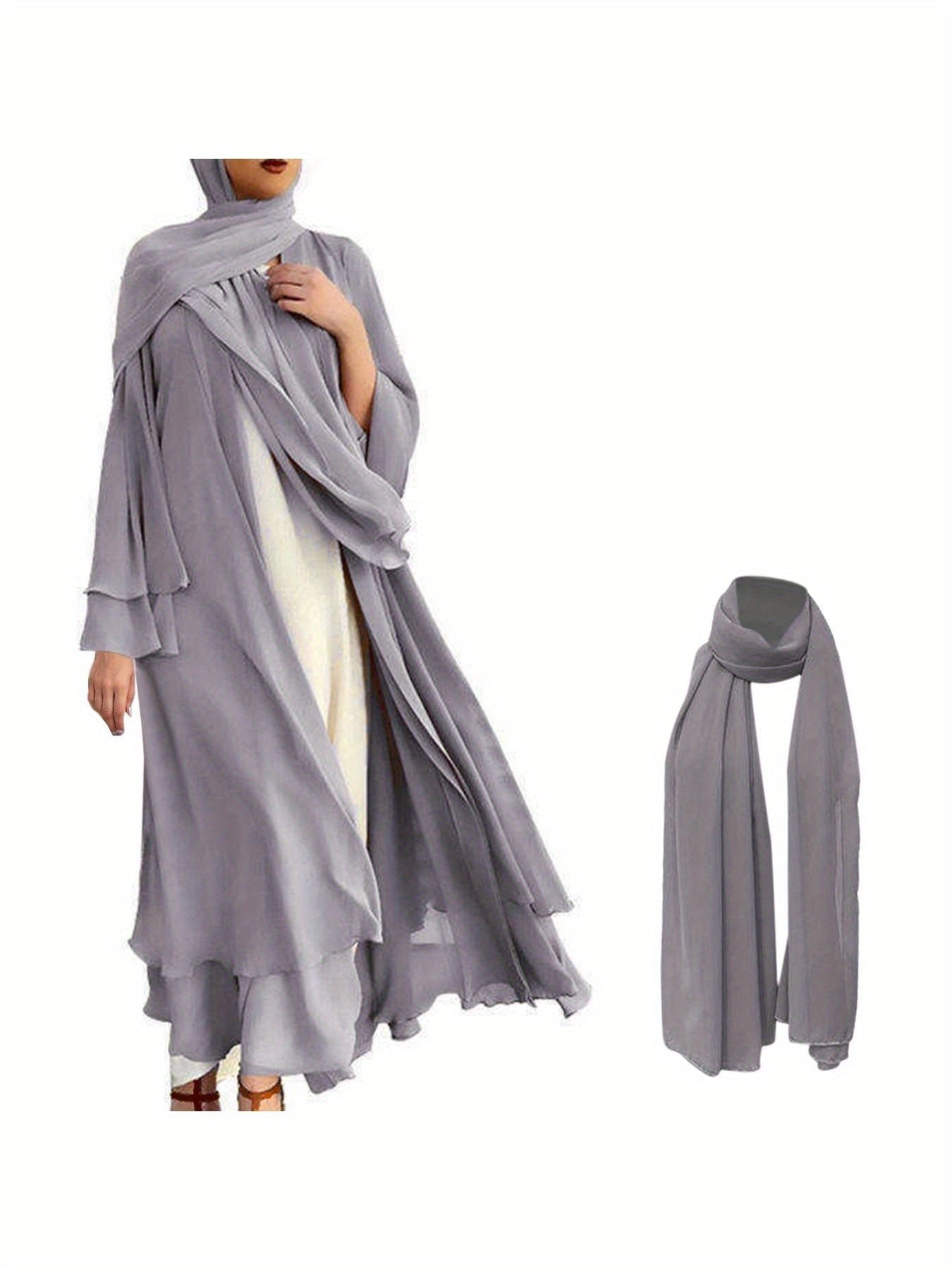 Women'S Elegant Muslim Caedigan Belt Outwear Shirt - Soft Chiffon Long Layered Cardigan with Open Front,