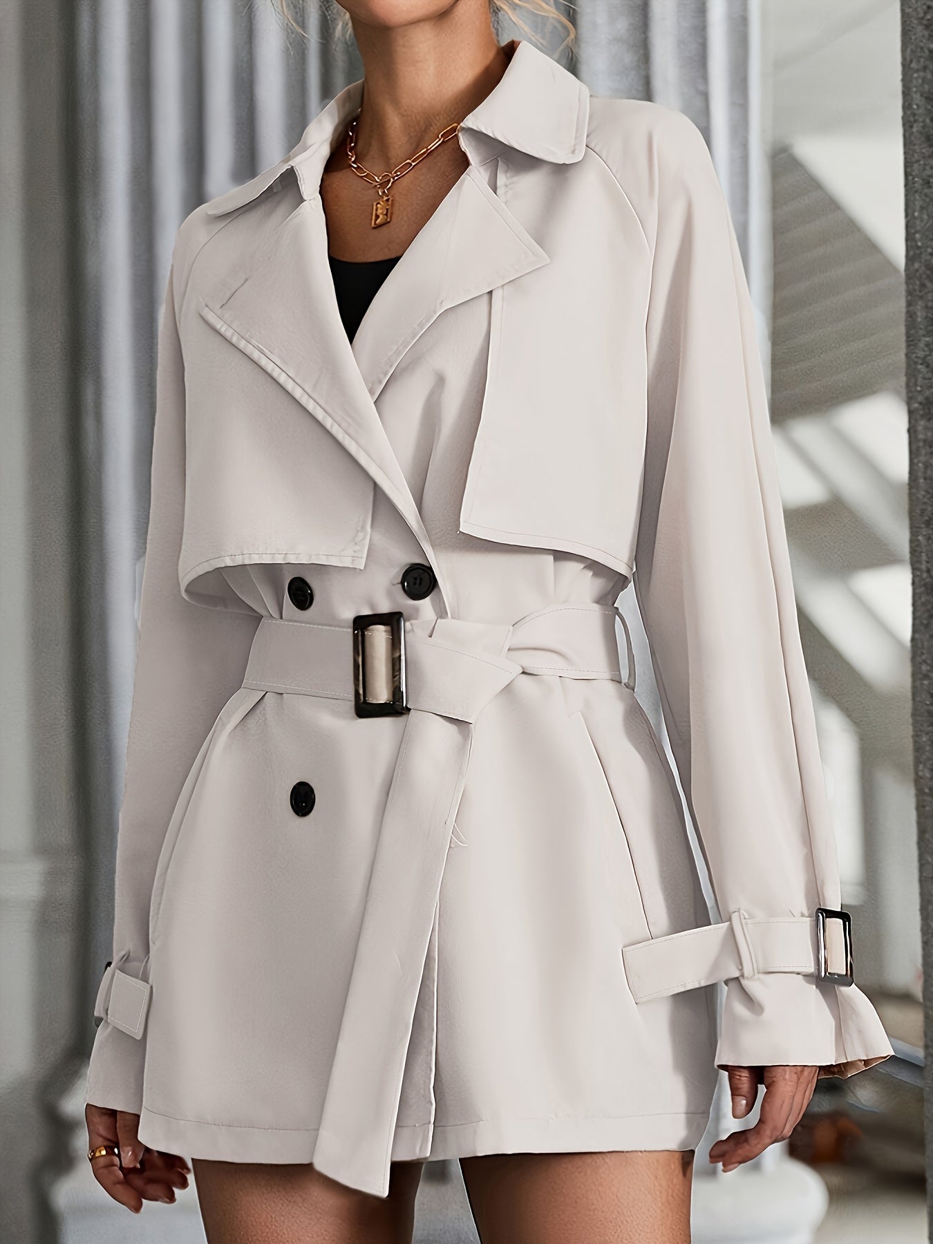Women's Elegant Double-Breasted Trench Coat with Raglan Sleeves & Belted Waist - Premium Machine-Washable Fabric, Multiple Pockets,