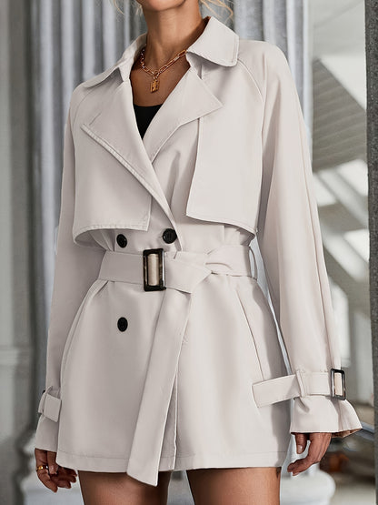 Women's Elegant Double-Breasted Trench Coat with Raglan Sleeves & Belted Waist - Premium Machine-Washable Fabric, Multiple Pockets,