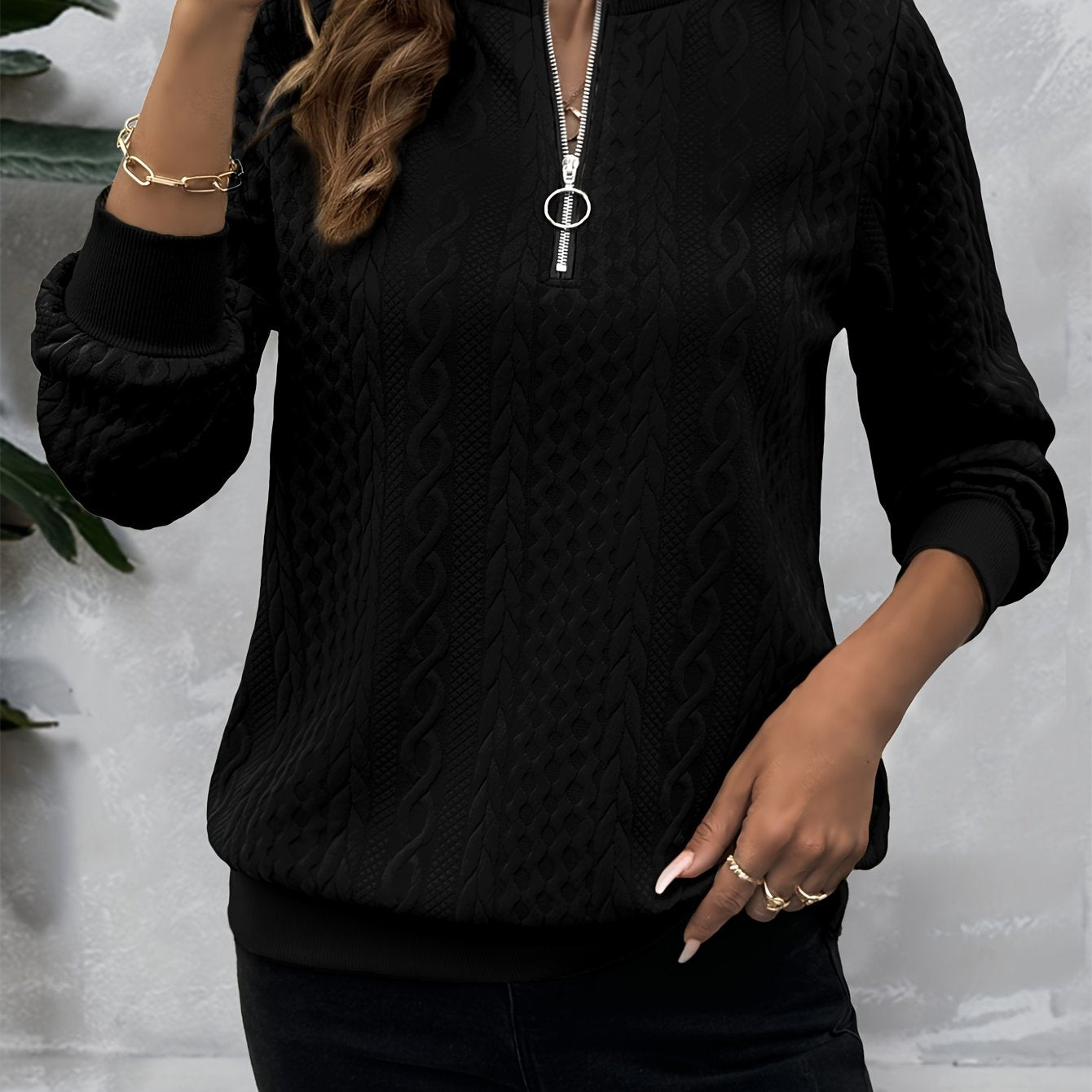 Casual Sweatshirt Casual Textured Half Zipper Pullover Sweatshirt | Women's Long Sleeve Sweatshirt For Fall & Spring