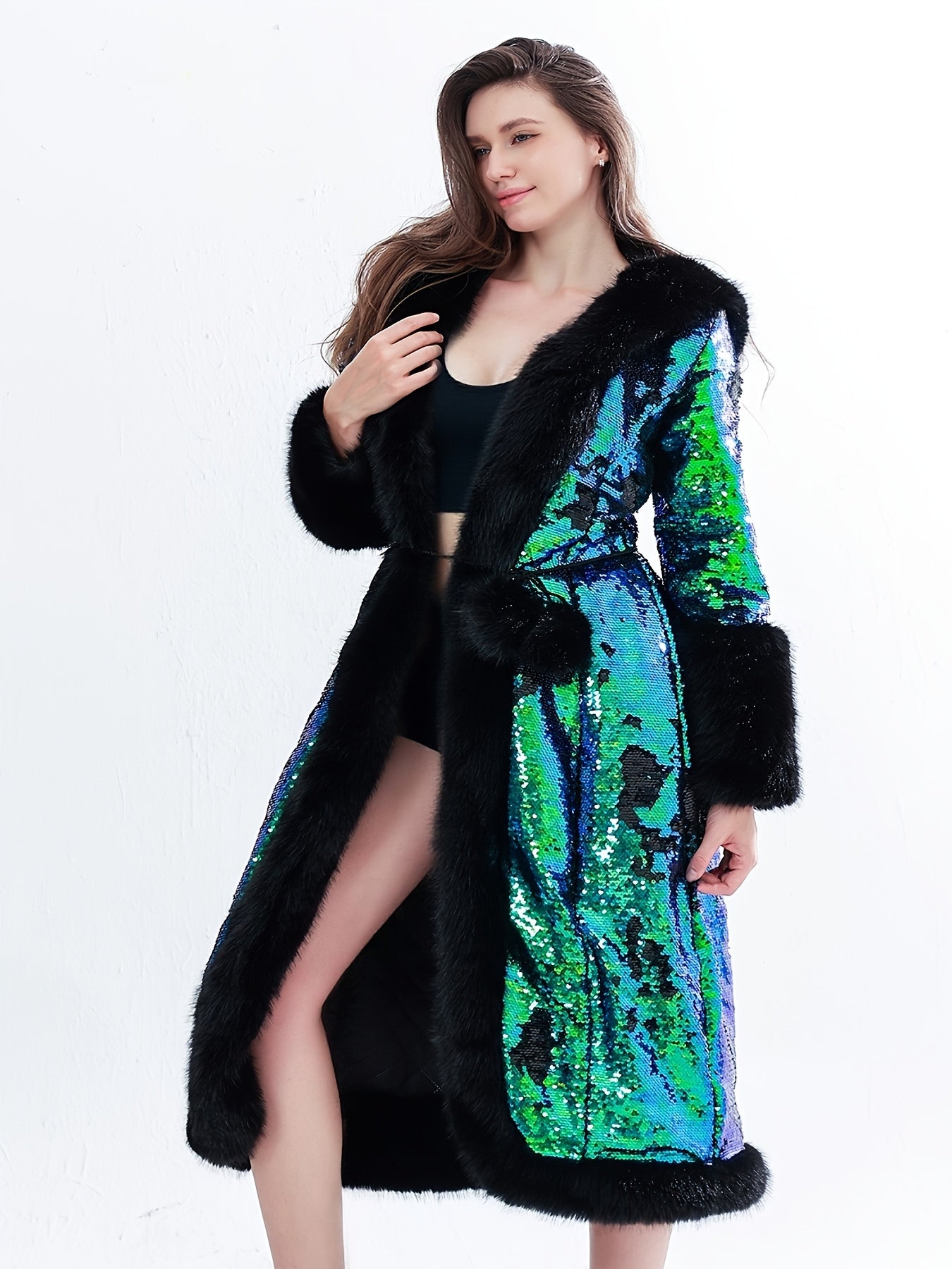 Elegant Sequin Hooded Coat Plus Size Elegant Gradient Green & Black Sequin Hooded Coat - Long Sleeve Winter Coat with Pockets, X-Line Silhouette for Autumn\u002FWinter