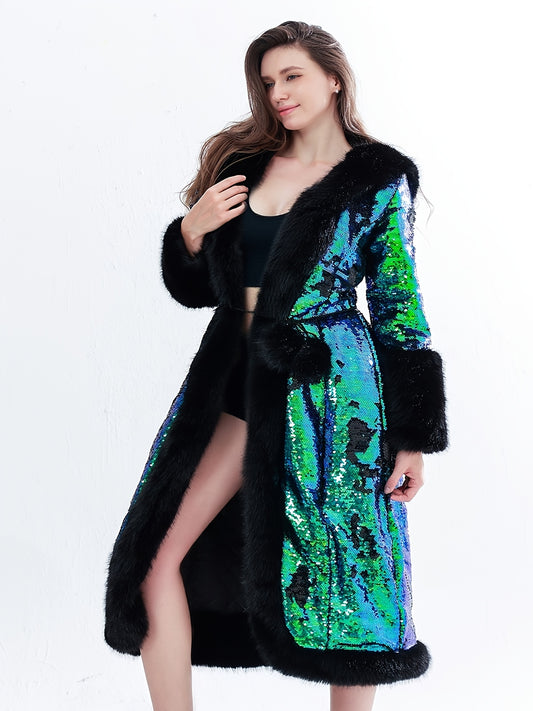 Elegant Sequin Hooded Coat Plus Size Elegant Gradient Green & Black Sequin Hooded Coat - Long Sleeve Winter Coat with Pockets, X-Line Silhouette for Autumn\u002FWinter