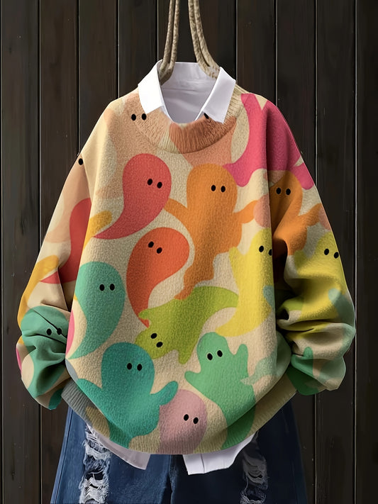 Plus Size Geometric Sweater Polyester Plus Size Women's Colorful Geometric Print Pullover Sweater | Cozy Long Sleeve, Stand Collar, Loose Fit,